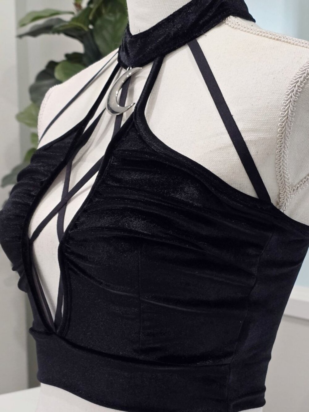 Velvet Halter Crop Top ✦ Gothic Black Strappy Deep‑Plunge ✦ Crescent Moon M NWT - Picture 2 of 10